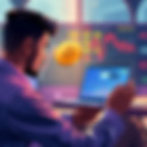 An illustration showing a person analyzing Bitcoin trends and market charts while considering investment strategies