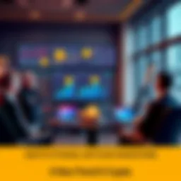 A group of institutional investors discussing Bitcoin trends in a modern office setting, with charts and cryptocurrency visuals on screens.