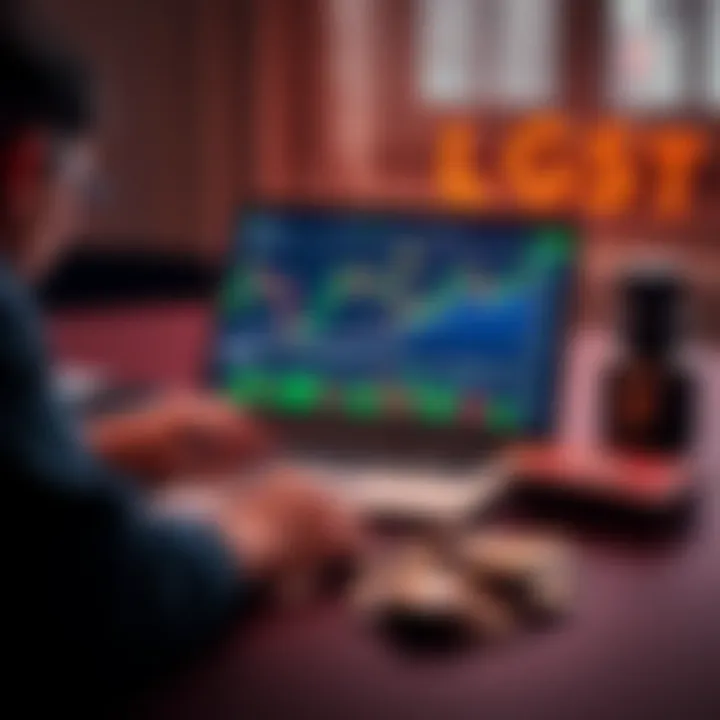 A person analyzing Bitcoin charts on a laptop with a cold wallet and coins on the table.