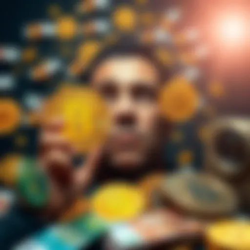 A person considering two paths for investing in Bitcoin: a one-time purchase or a gradual investment approach, surrounded by Bitcoin symbols and euro currency notes.