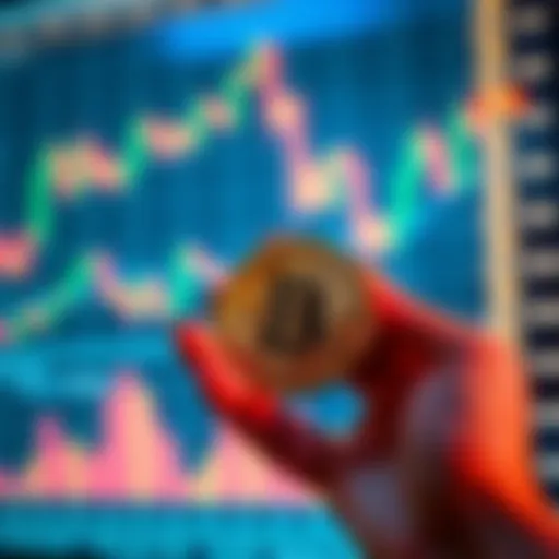 A person holding a physical Bitcoin with a financial chart in the background, representing investment strategies.