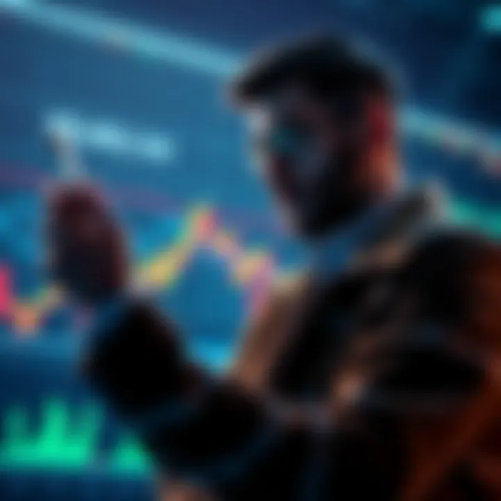 An investor studying a Bitcoin price chart with a determined expression, symbolizing the long-term strategy of holding onto investments despite market changes.