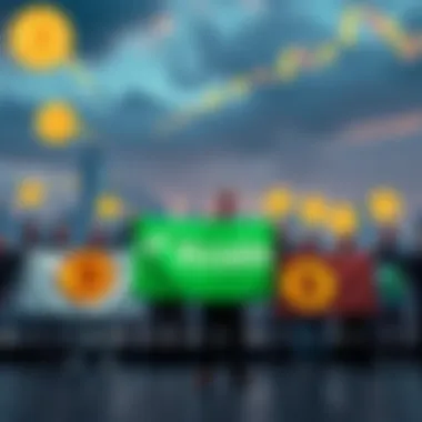 A group of Bitcoin investors holding banners promoting charity and environmental awareness, with a backdrop of a city skyline and Bitcoin logos.