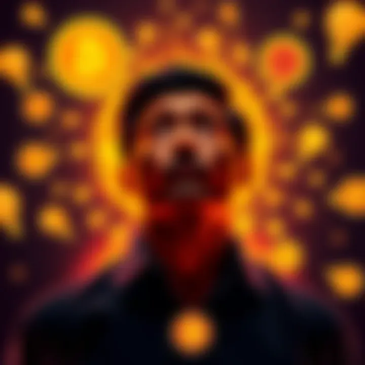 Individual experiencing a moment of clarity about Bitcoin, surrounded by digital currency symbols and lightbulbs, representing insights and understanding.