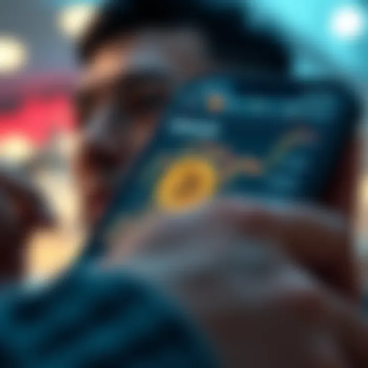 A close-up of a smartphone displaying Bitcoin price trends, with a person considering investment decisions in the background.