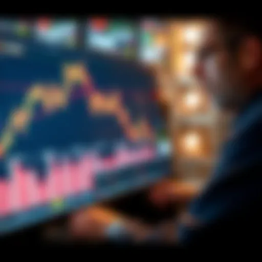 A graph showing Bitcoin price fluctuations with a downward trend and a concerned trader looking at a computer screen.