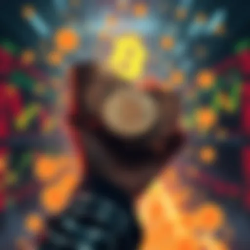 A person holding a large stack of Bitcoin coins, surrounded by fluctuating price charts and bold market symbols indicating chaos.