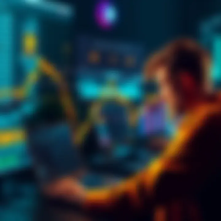 A line graph showing Bitcoin's price dropping, with arrows indicating buying opportunities, alongside stressed investors looking at their screens.