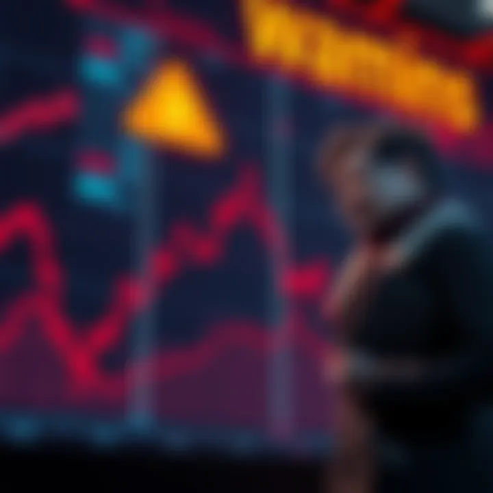 A graphic showing a downward trend in Bitcoin prices with warning symbols and a concerned investor observing the chart.