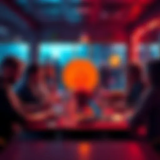 A group of people discussing Bitcoin at a meet-up, with laptops and drinks on the table.