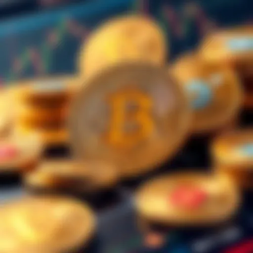 A graphic showing Bitcoin coins with meme symbols and icons, illustrating its perception in the market