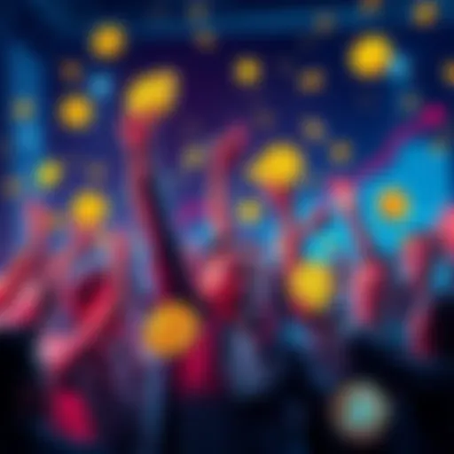 A group of people celebrating their success with Bitcoin, with gold coins and charts showing growth in the background.