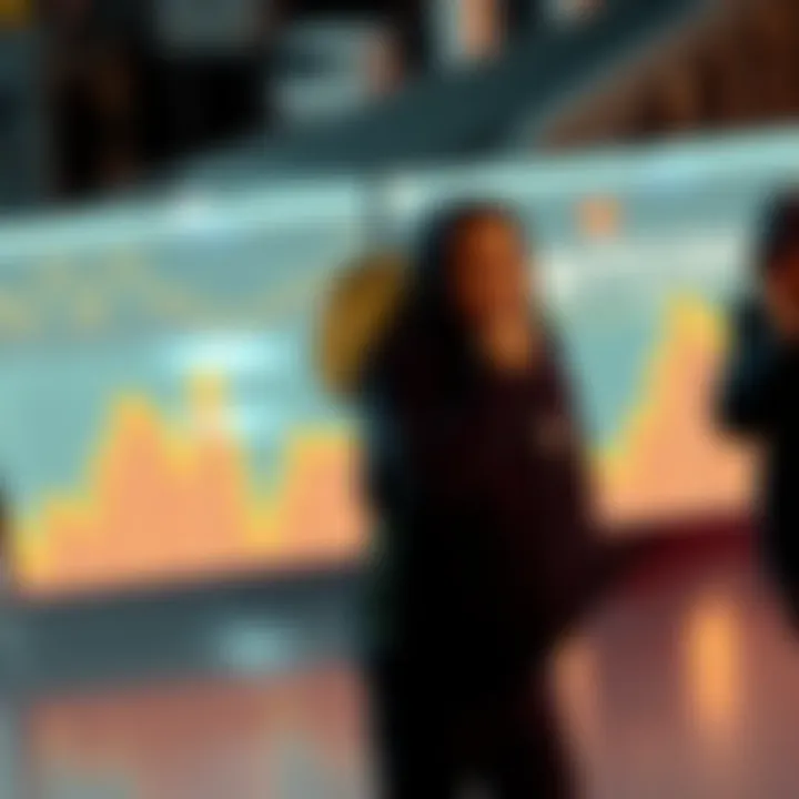 A graph showing a decline in Bitcoin mining profitability with worried miners observing the drop.