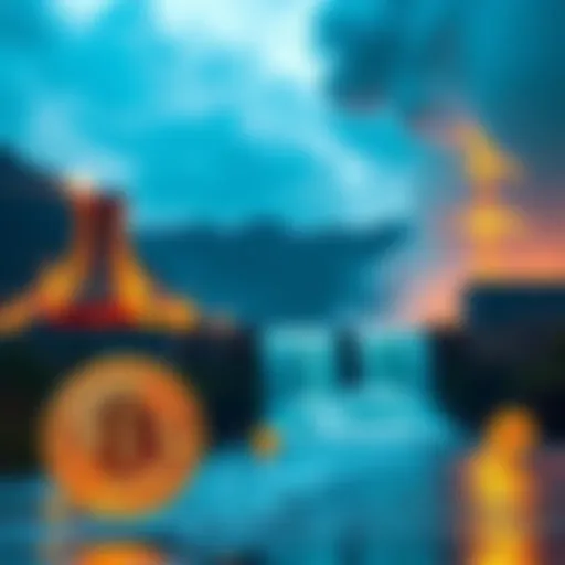 A power plant generating energy from water flows, with Bitcoin symbols in the foreground, representing Laos's plan to mine Bitcoin using hydropower.