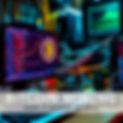 A computer setup with mining software running, displaying graphics and codes for Bitcoin mining activity.