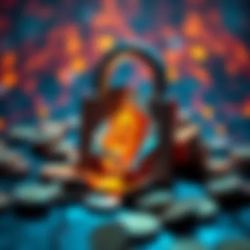 A visual representation of a 51% attack on the Bitcoin network, showing a digital lock being broken with coins scattered around, symbolizing vulnerability and risk.