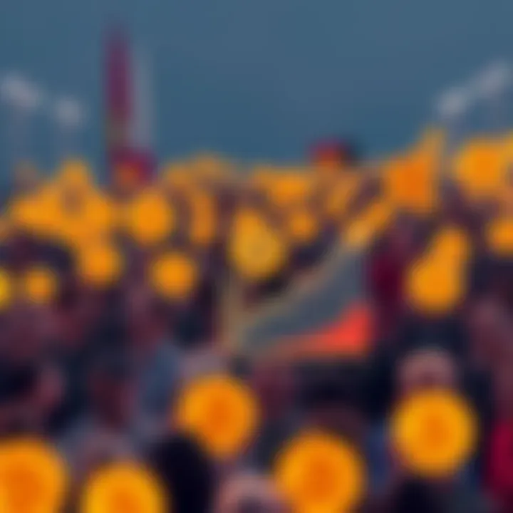 A crowd of people holding Bitcoin signs with a chart showing rising ownership levels, symbolizing the goal to surpass Germany's Bitcoin holdings by 2025.