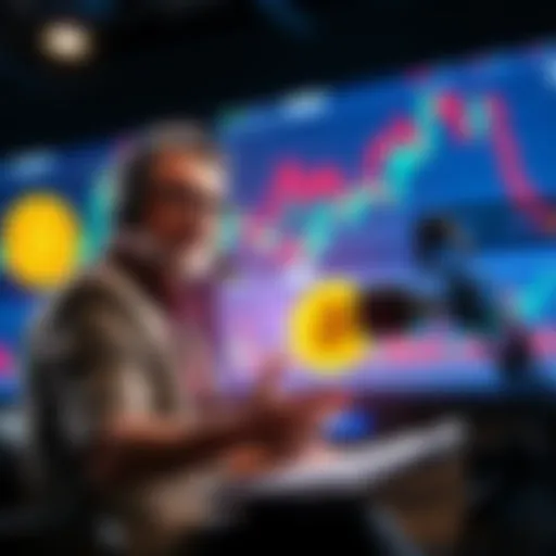 A speaker discussing Bitcoin on a finance podcast with charts and graphs in the background.