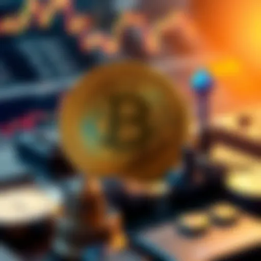 A graphic showing a balanced investment portfolio with Bitcoin, stocks, and other cryptocurrencies represented by icons.