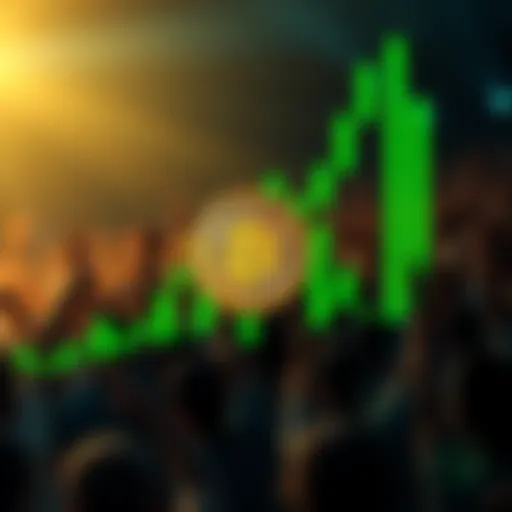 A Bitcoin price chart showing a strong upward trend towards $100,000, with green candlestick bars and an excited crowd in the background.