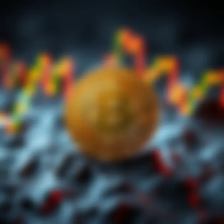 Bitcoin logo with a downward arrow representing its price drop after reaching a new high