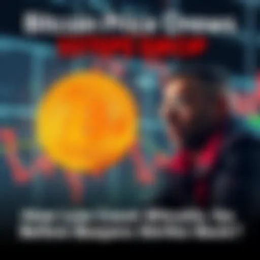 A visual representation of a steep decline in Bitcoin's price with a dollar sign and a worried investor looking at a graph.