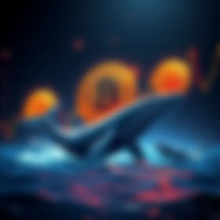 A graph showing Bitcoin price remaining flat despite significant buying activity from large investors, with illustrations of whales representing big players in cryptocurrency