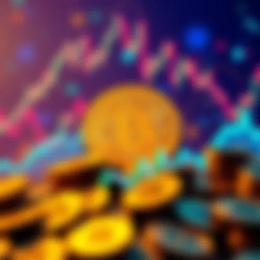 A graphic showing rising Bitcoin prices with a background of bullish market trends and coins