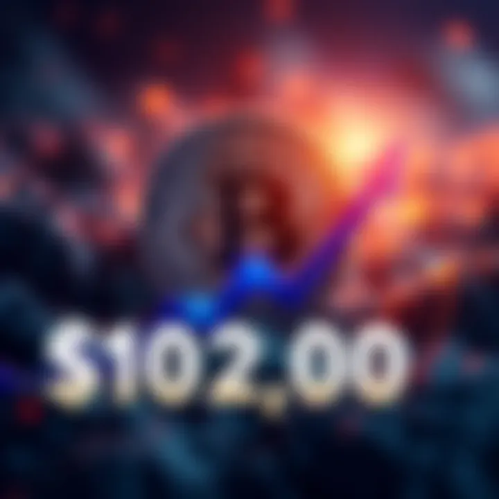 Bitcoin logo with an arrow pointing up, representing its price reaching $102,000 amidst market turmoil.