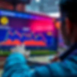 A person looking at a screen showing Bitcoin price charts and BlueWallet interface, considering buying Bitcoin from Binance.