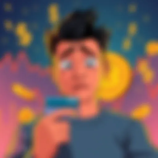 An illustration of a person contemplating buying Bitcoin with a credit card, showing a worried expression amid falling charts and dollar signs.