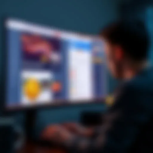 A computer screen displaying Bitcoin-related websites and Twitter profiles, with a person studying beside it.