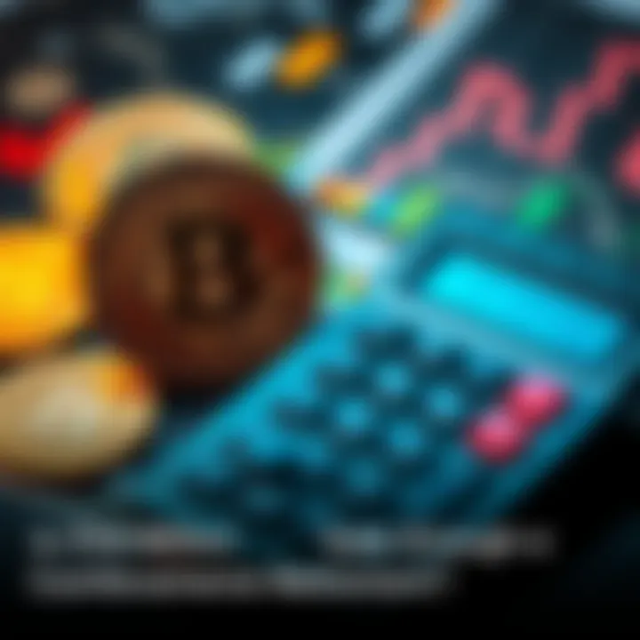 A graphic showing Bitcoin coins and a calculator representing retirement savings planning.