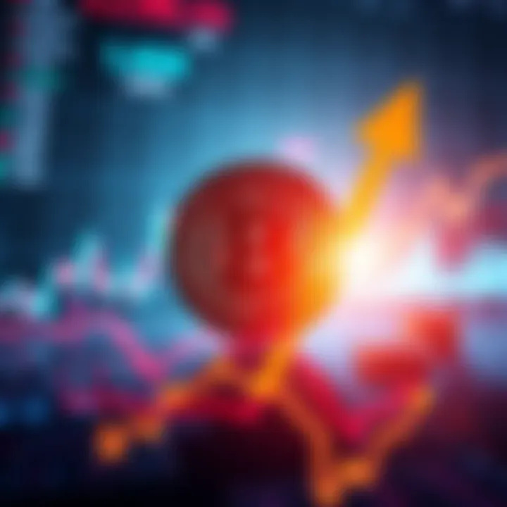 A graphic showing Bitcoin symbol with a rising arrow and a backdrop of financial data charts