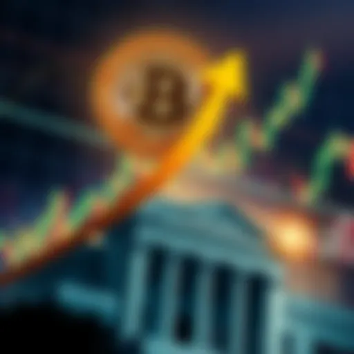 Bitcoin symbol with an upward arrow indicating a price surge, alongside a Federal Reserve symbol representing interest rates, set against a market graph background.