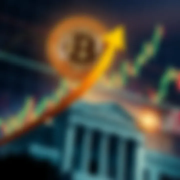 Bitcoin symbol with an upward arrow indicating a price surge, alongside a Federal Reserve symbol representing interest rates, set against a market graph background.