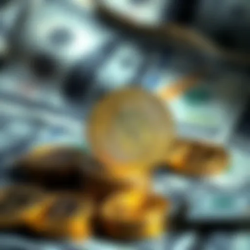 A visual representation of Bitcoin coins stacked with a backdrop of dollar bills, symbolizing the contrast between Bitcoin and fiat currency.