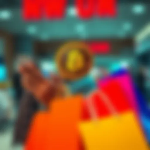 A person holding shopping bags while looking at a Bitcoin graphic on their phone, symbolizing revenge buying after spending guilt.