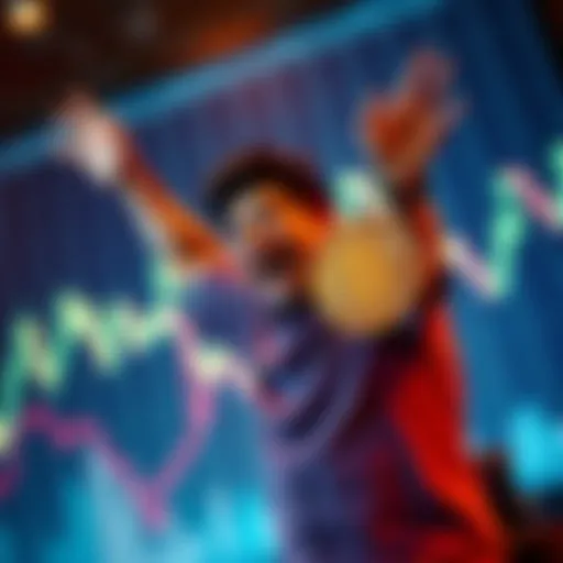A person celebrating their financial gains from shorting Bitcoin, with a graph showing a downward trend in Bitcoin prices in the background.