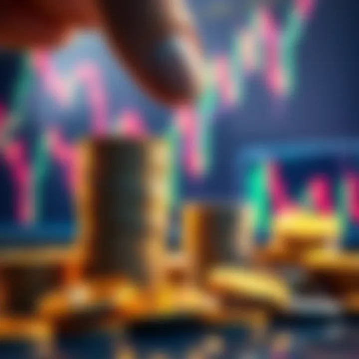 A person stacking Bitcoin coins, symbolizing saving for the future, with a financial chart in the background.