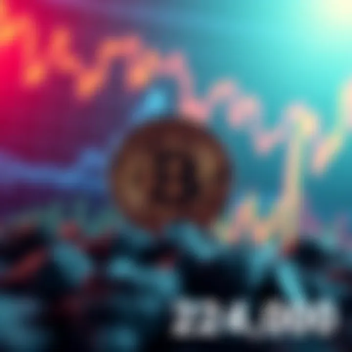 A digital representation of Bitcoin symbolizing its recent surge above $124,000, with financial graphs in the background showing upward trends.