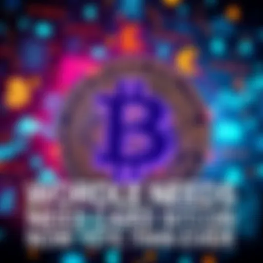A large Bitcoin symbol surrounded by various digital currency graphics representing global transactions and finance
