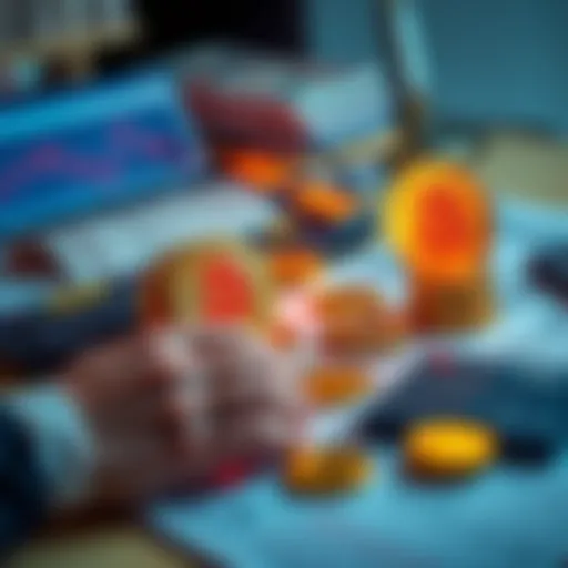 A person calculating taxes with Bitcoin icons and money on a desk