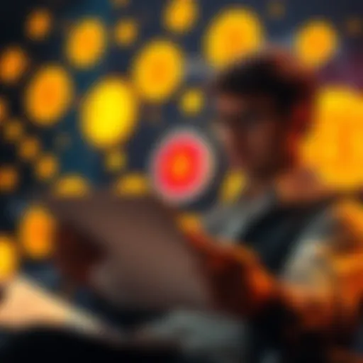 A person reviewing tax documents with Bitcoin symbols in the background.