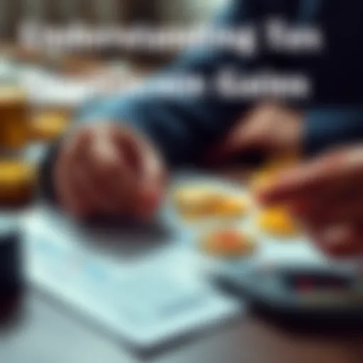 Person calculating taxes with Bitcoin symbols and financial documents