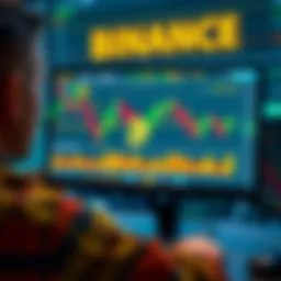 A person looking at a computer screen displaying Bitcoin trading charts on the Binance exchange platform