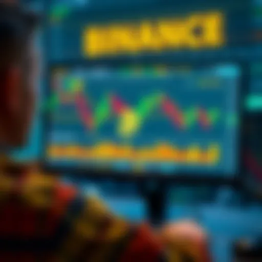 A person looking at a computer screen displaying Bitcoin trading charts on the Binance exchange platform