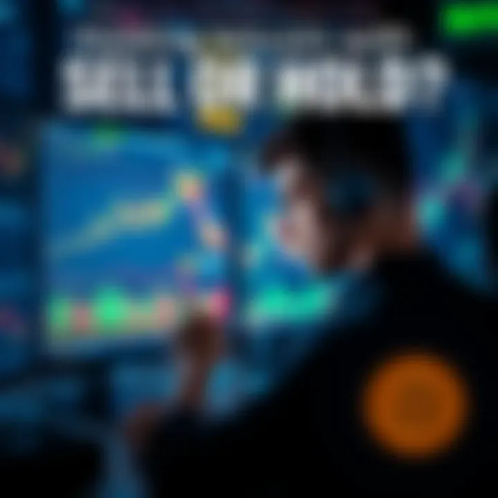 A trader contemplating whether to sell or hold their Bitcoin investment while looking at charts and graphs on their computer screen.