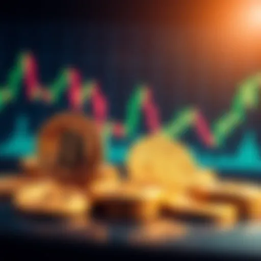 A graph showing Bitcoin price fluctuations with charts and coins in the background, illustrating trading strategies.