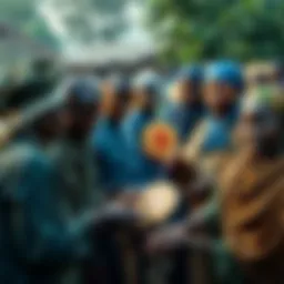 People engaging in Bitcoin transactions while surrounded by traditional Kenyan culture.